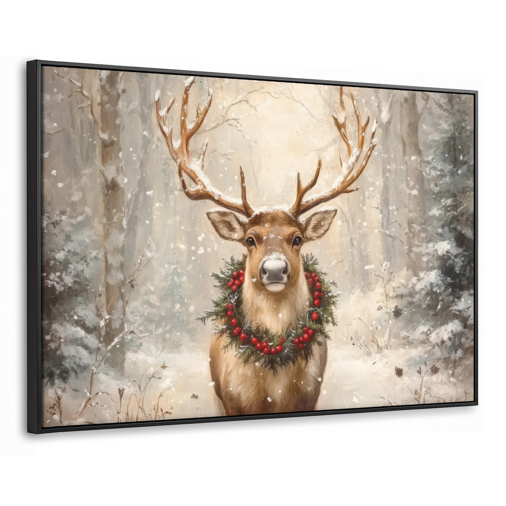 LEINWAND Bilder mit Rahmen - Weihnachten - Rentier - Winter - Kranz - 140x90 - Naturfarben, Textil (140/90cm) - MuchoWow
