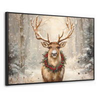 LEINWAND Bilder mit Rahmen - Weihnachten - Rentier - Winter - Kranz - 140x90 - Naturfarben, Textil (140/90cm) - MuchoWow