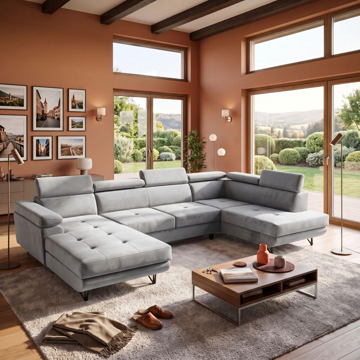 ECKSOFA U-Form JUNIOR U Rechts mit Schlaffunktion 128x254 Velours Grau - Schwarz/Grau, Holz/Textil (184/90/323cm) - Muffo