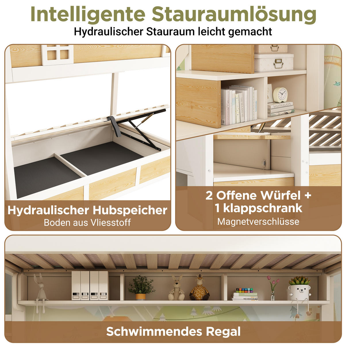 ETAGENBETT 90/200 cm aus Holz und Metall mit Treppenschrank und Stauraum Weiß/Natur - Naturfarben, Holz (90/200cm) - Modenvie