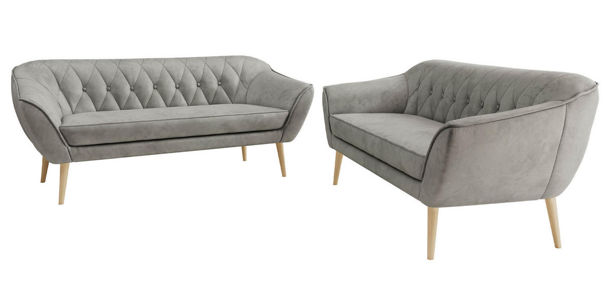 SEDACÍ SOUPRAVA 3+3 PIRS - Světle šedá Samet - Dřevěné nohy - světle šedá/barva buku, kompozitní dřevo/textil (180/75/74cm) - MKS