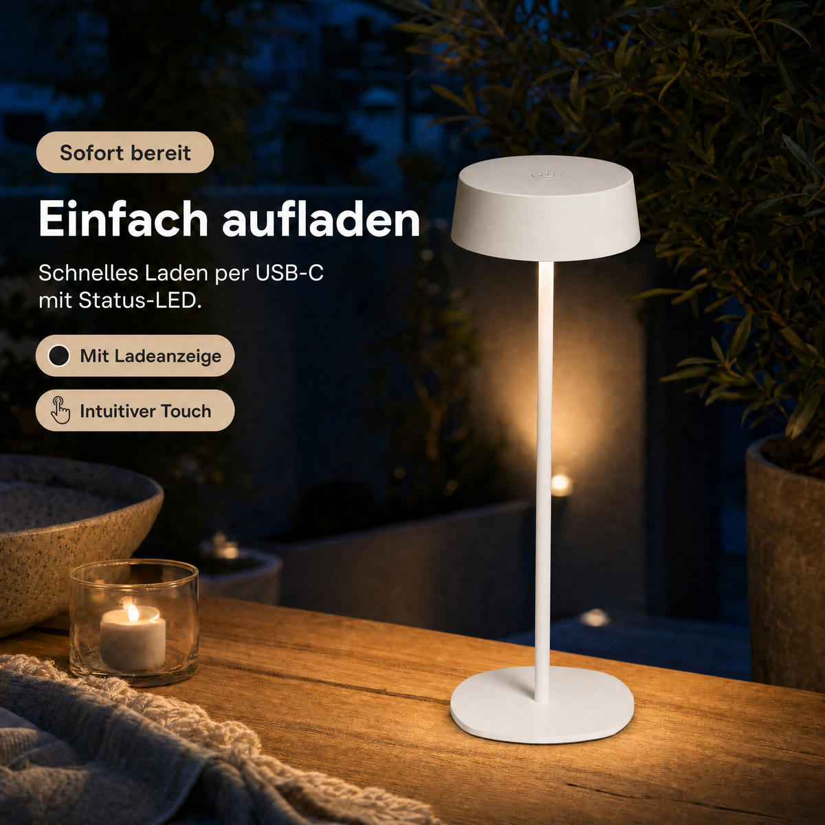 LED-TISCHLEUCHTE - dimmbar, kabellos, IP54, Metallgehäuse, für Innen- und Außenbereich, weiß, höhenverstellbar - Weiß, Metall (13.5/13.5/36cm) - Northpoint