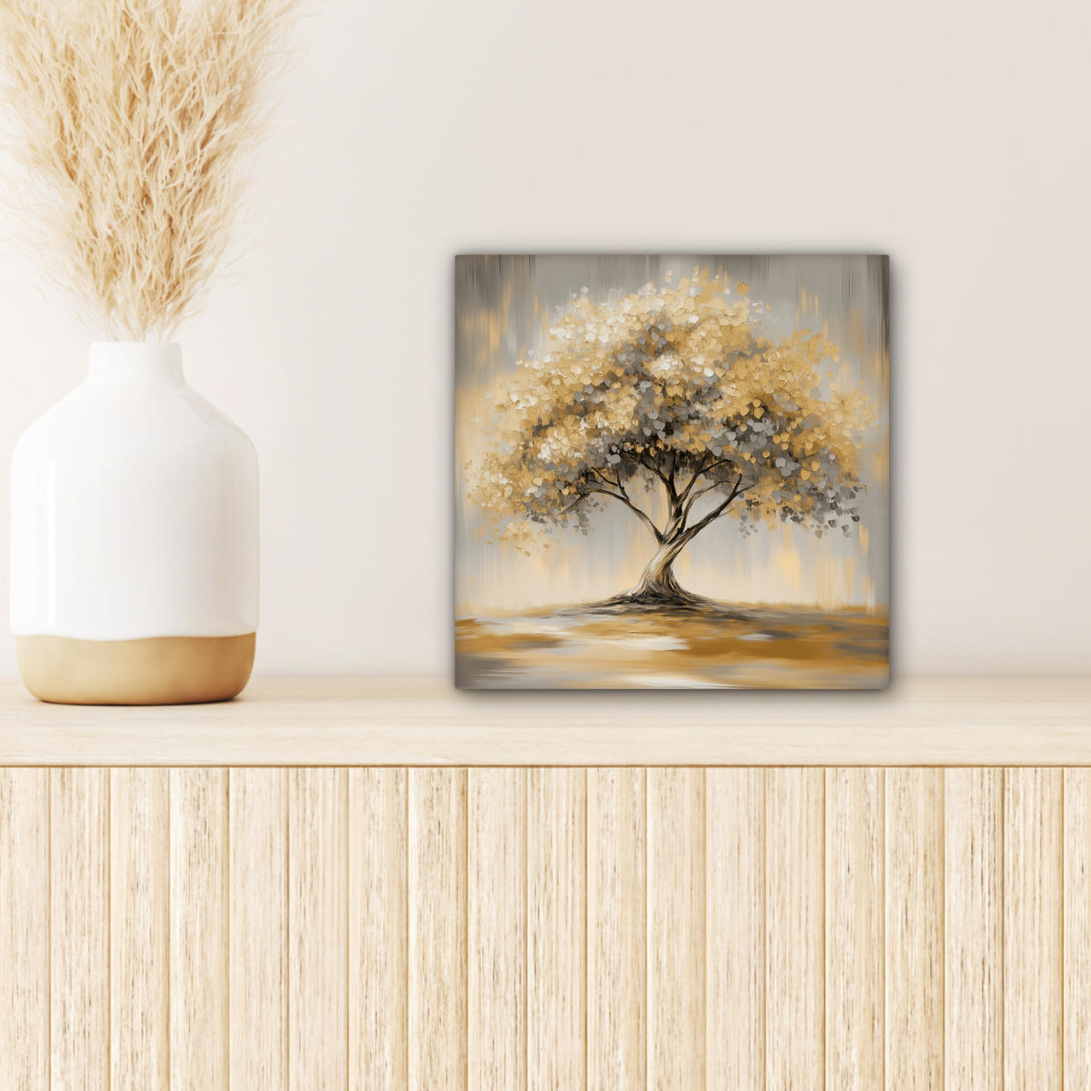 LEINWANDBILD Gemälde - Baum - Abstrakt - Blätter Deko Wohnzimmer 20x20 cm - Beige, Textil (20/20cm) - MuchoWow