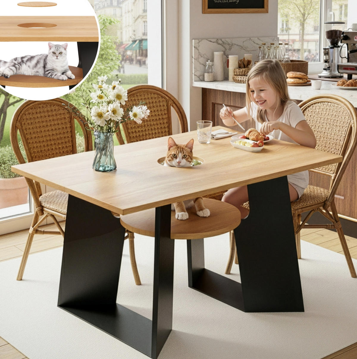 ESSTISCH 130/85/75 cm in Natur/Schwarz mit Ablagefach und haustierfreundlichem Design - Schwarz, Holzwerkstoff (130/85/75cm) - BEAOK