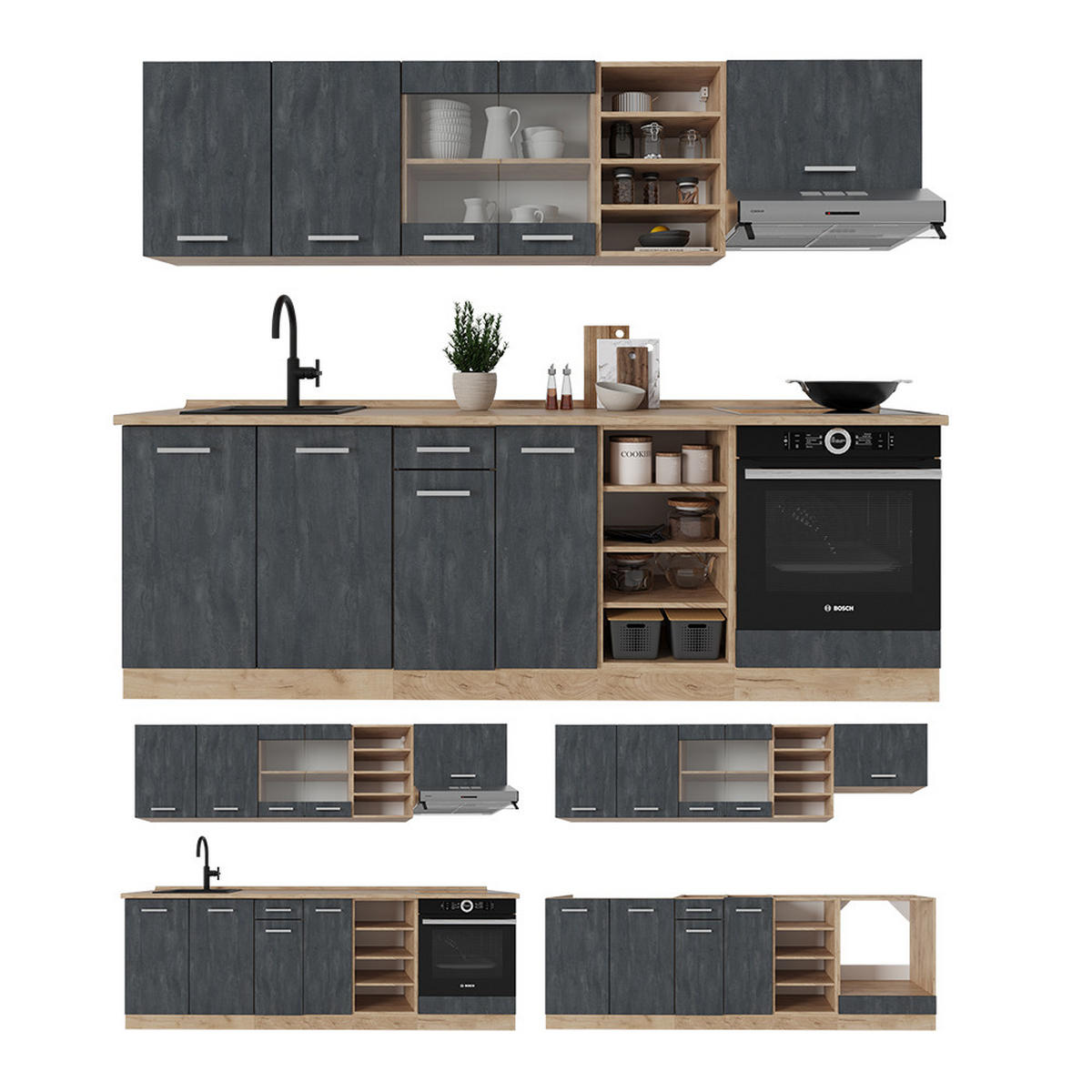 KÜCHENZEILE R-Line Schwarz Beton/Goldkraft Eiche 240 cm AP Marmor - Eiche Wotan/Schwarz, Holzwerkstoff (240/81.6/60cm) - Vicco