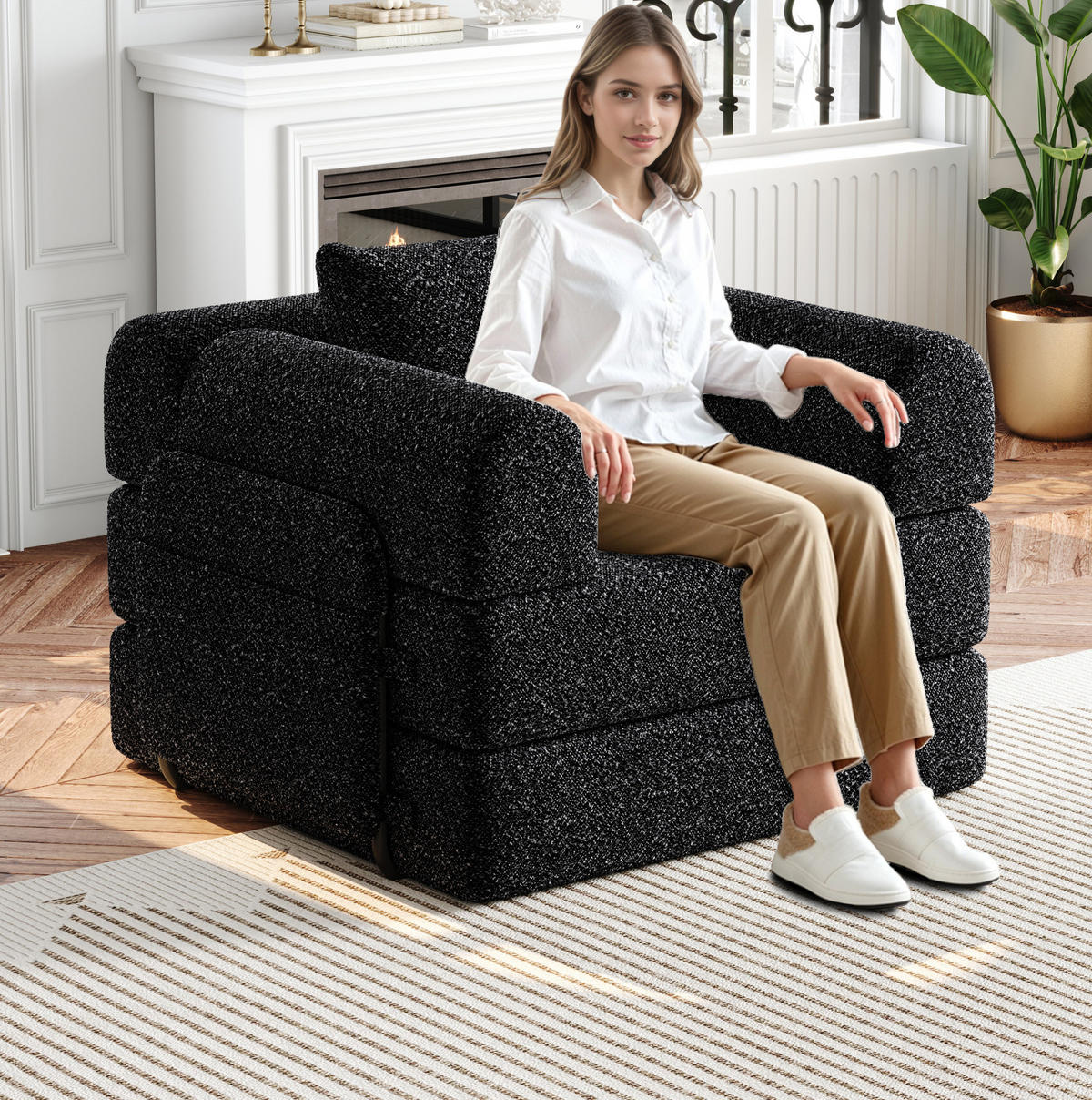 SCHLAFSOFA aus Chenille Schwarz 2-in-1 mit Armlehnen-Ablagefach und Stahlrahmen - Schwarz, Textil (94/49.5/181.6cm) - Modfu