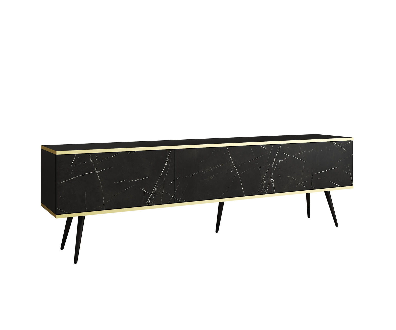 TV-LOWBOARD FORNO (Marmor Black Royal, Goldene Details, 3 Türen, schwarze Metallfüße, 175 cm) - Schwarz, Holz/Holzwerkstoff (175/53/32cm) - Ravio