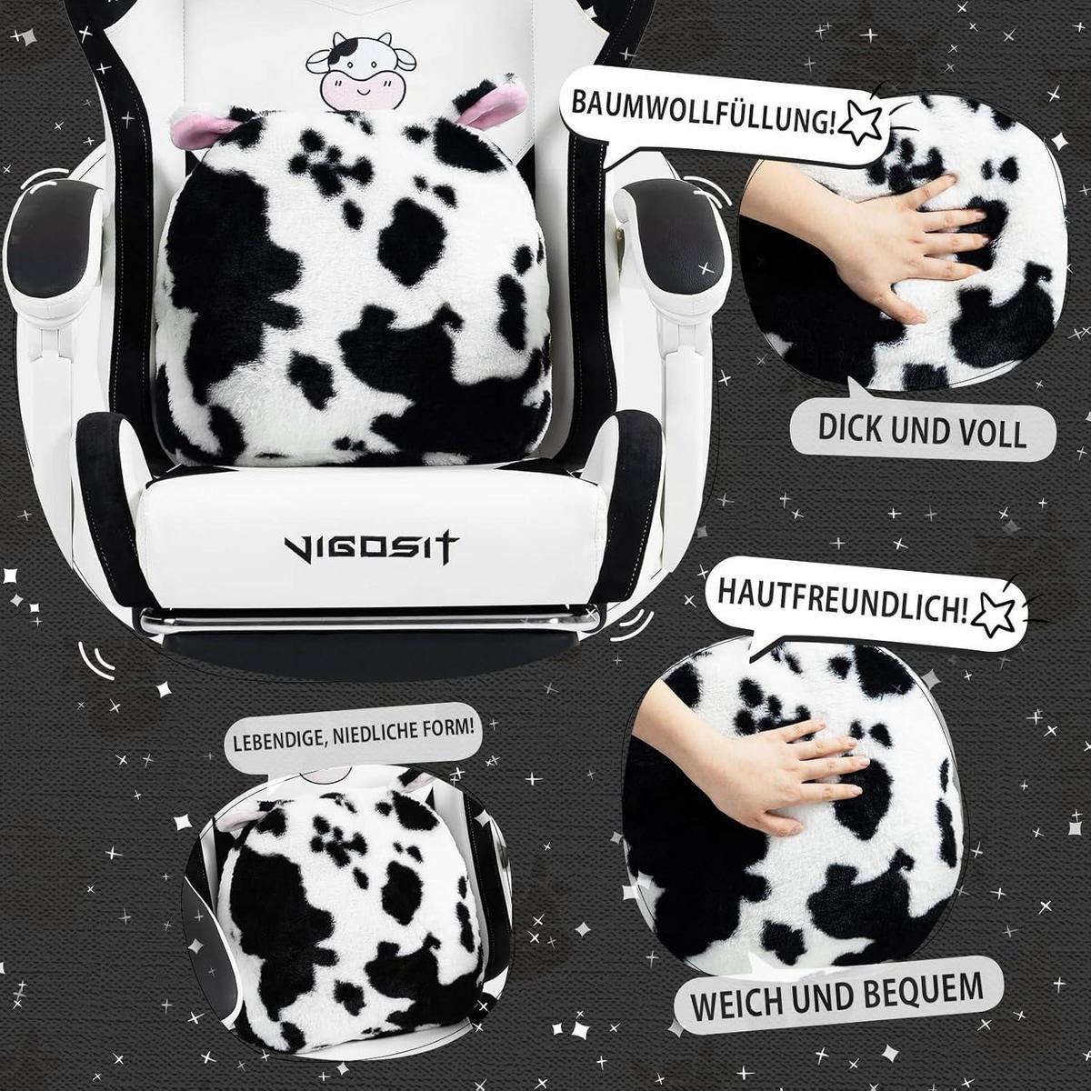 GAMING Stuhl mit Ohren und Kawaii Kissen, Ergonomisch, mit Lendenwirbelstütze und Fußstütze, Schwarzweiß - Multicolor, Kunststoff (59/77/25cm)