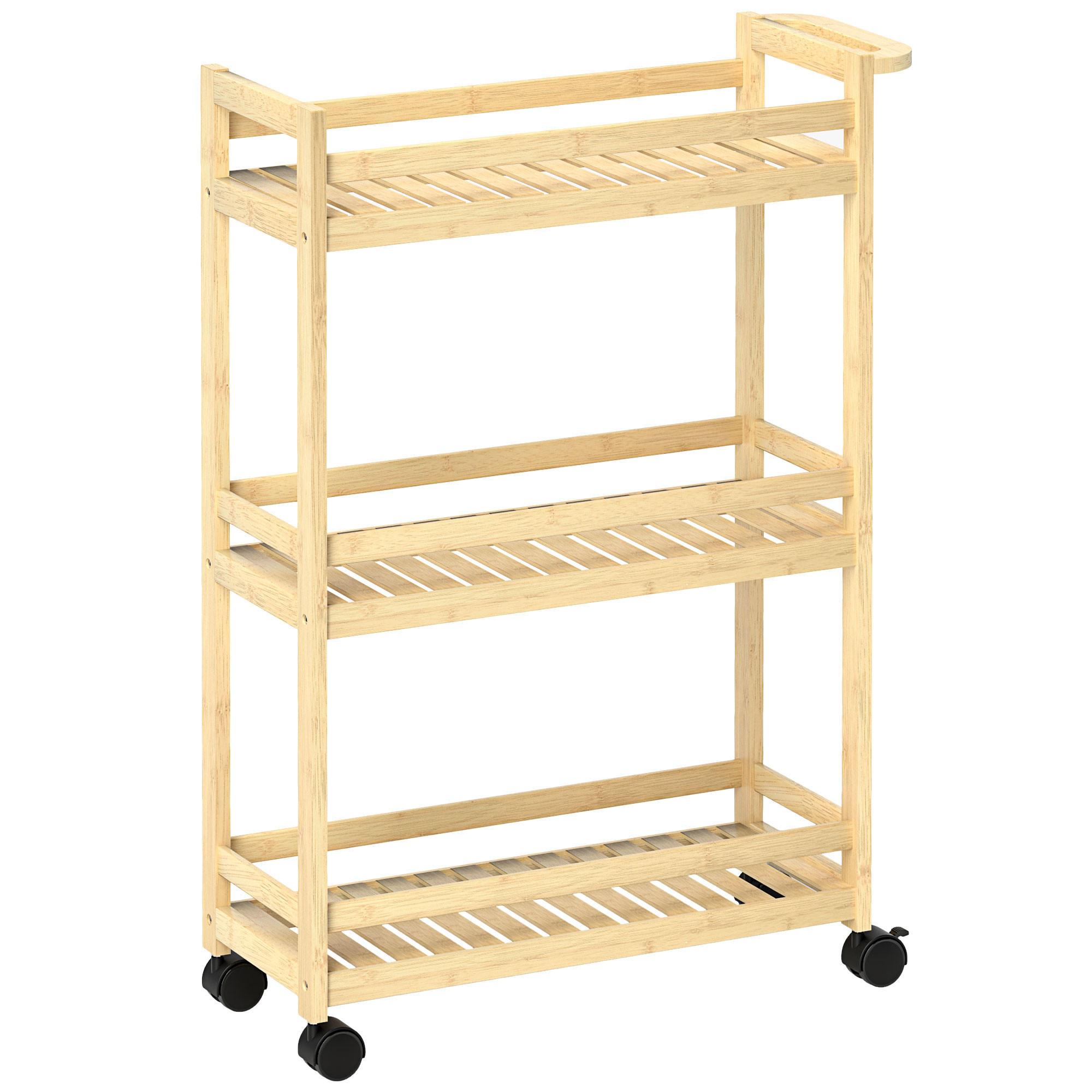 KÜCHENWOLLWAGEN 55x20x75cm Natur aus Bambus mit 3 Lamellenablagen, Griff & 4 Rollen - Naturfarben, Holz (20/75/55cm) - Modfu