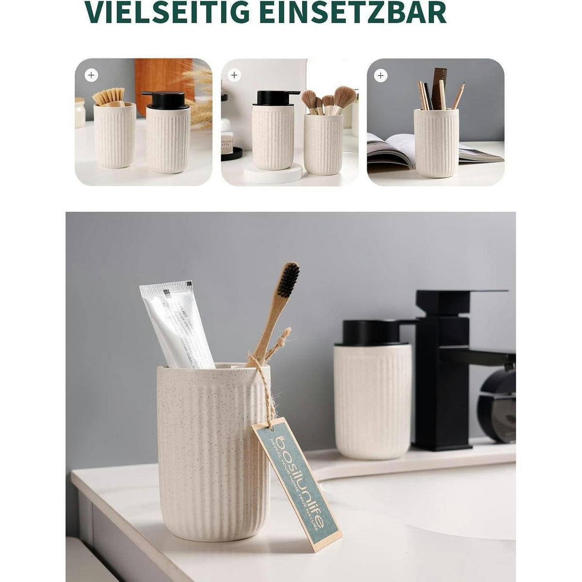 SEIFENSPENDER mit Zahnbürstenhalter Keramik Beige 350ml - Beige, Keramik (8/14/8cm)