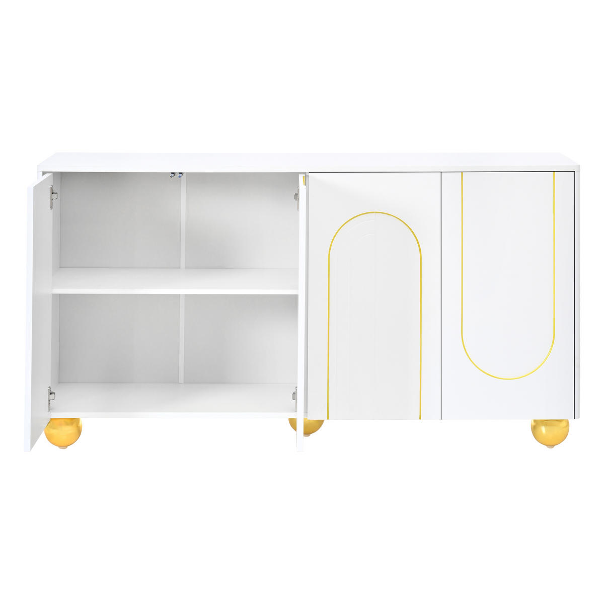 SIDEBOARD 4 Türen Goldlinien Design Metallfüße Modern Schrank - Weiß, Holzwerkstoff (140/74/40cm) - FLIEKS