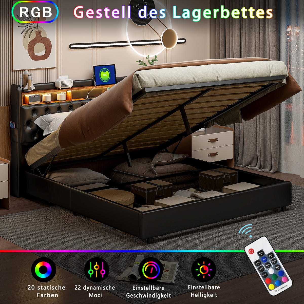 POLSTERBETT 180/200 cm Schwarz mit Bettkasten und USB-Anschlüssen - Schwarz, Holz (180/200cm) - SHOPENTRA