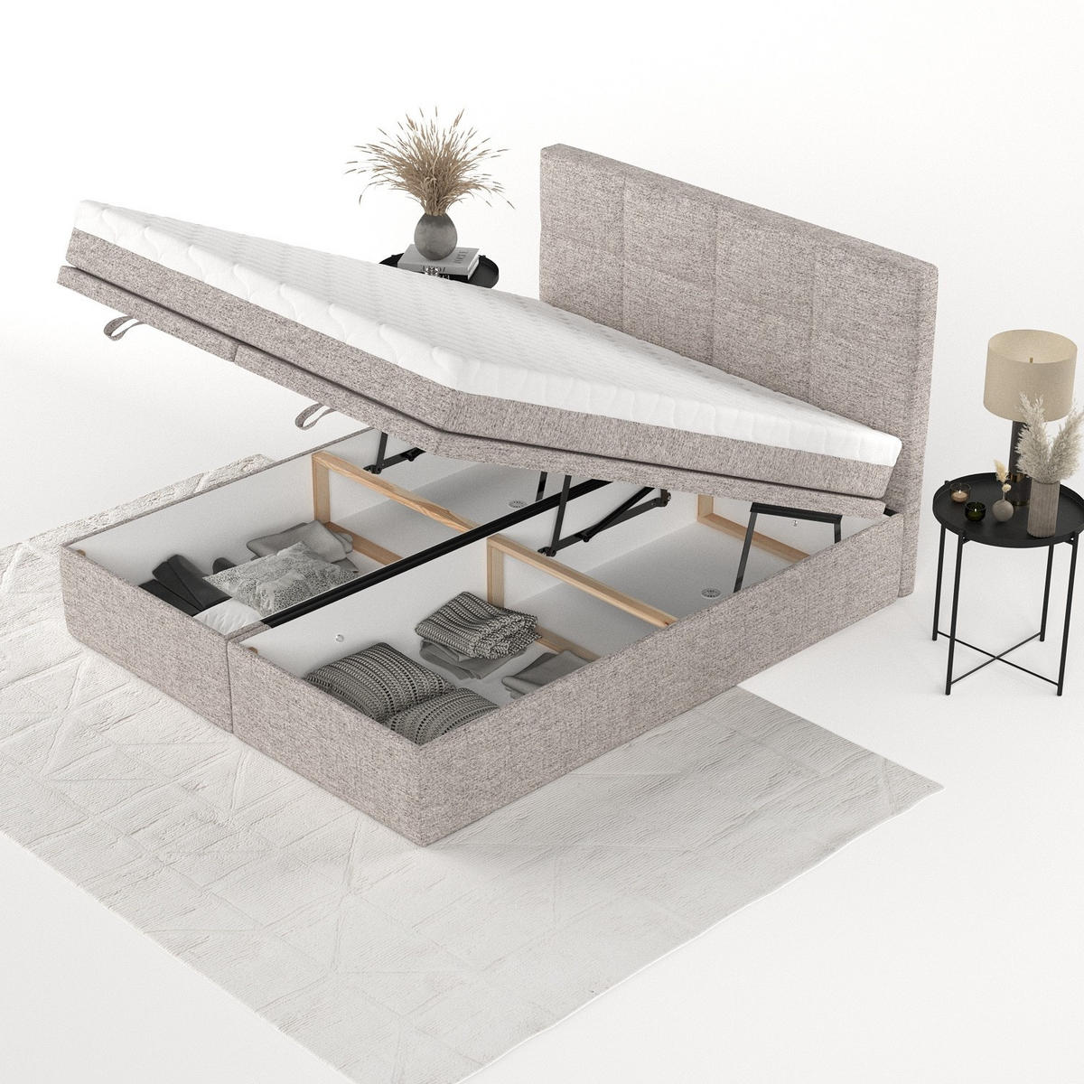 BOXBETT Tessa 140/200 cm Beige im Neve Stoff - Beige/Schwarz, Holz/Holzwerkstoff (140/200cm) - AltaBeds