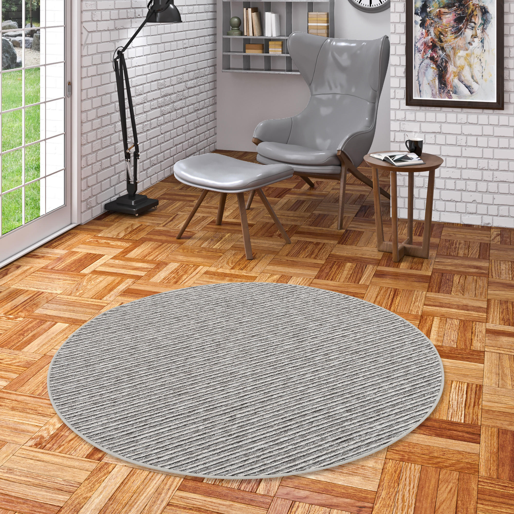 Thumbnail - Snapstyle Streifenberber, Grau, Textil, Rund, 133x133 cm, Teppiche & Böden, Teppiche