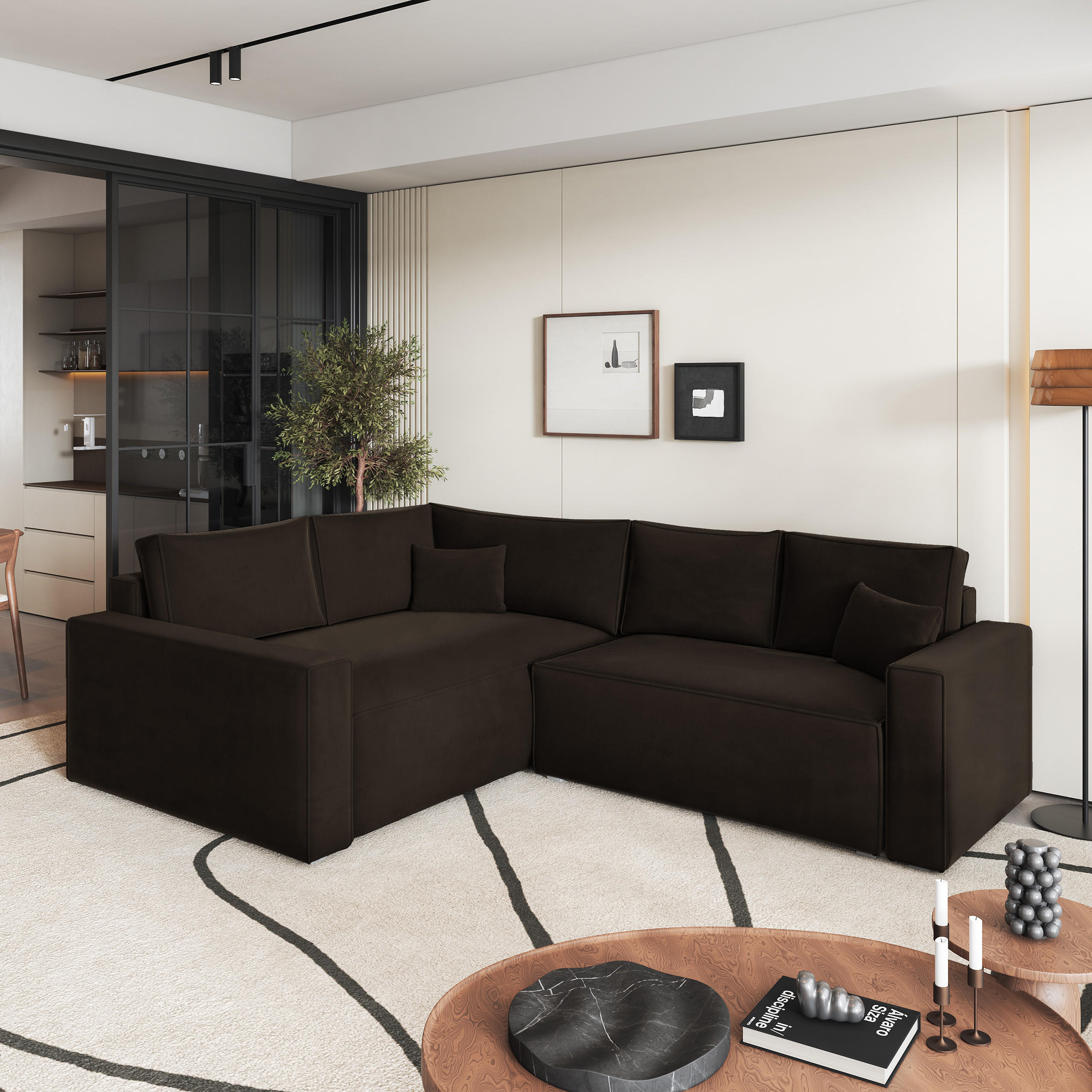 ECKSOFA ERONIS L-S Braun Velours-Stoff mit Schlaffunktion - Braun, Holz (265/194cm) - MASSENO