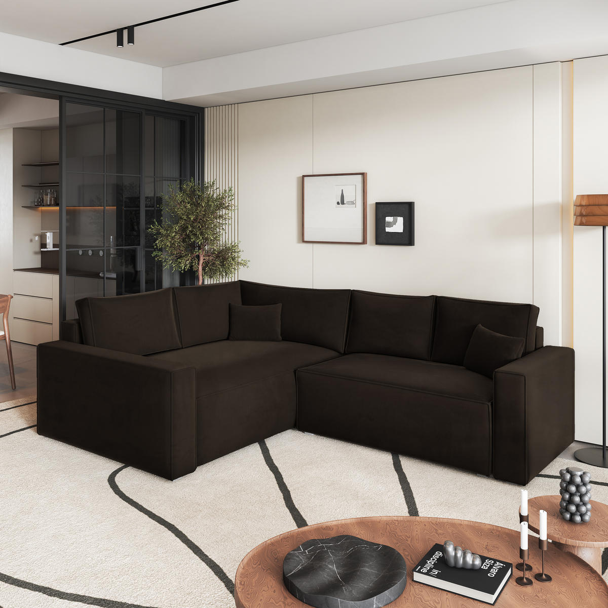 ECKSOFA ERONIS L-S Braun Velours-Stoff mit Schlaffunktion - Braun, Holz (265/194cm) - MASSENO