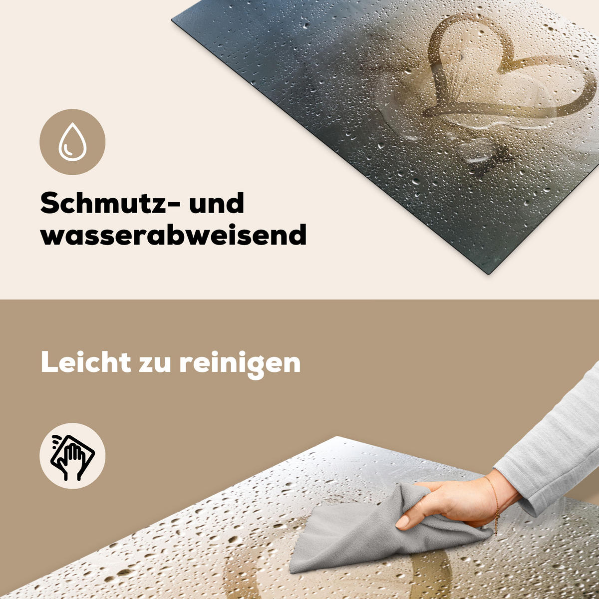 HERDABDECKPLATTE Herz - Kondenswasser - Wasser - 3D Ceranfeldabdeckung 85x52 cm - Grau, Kunststoff (85/52/0.2cm) - MuchoWow