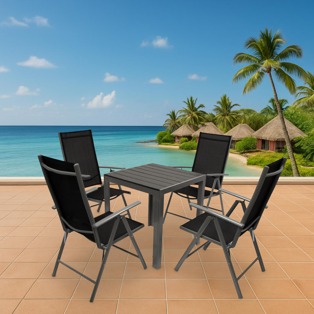 GARTEN-GARNITUR Ashford - 5-teilige Garten-Essgruppe (4x Klappsessel mit Armlehnen, 1x Tisch 70x70cm), Gestelle aus Aluminium grau - Schwarz, Metall - TPFGarden