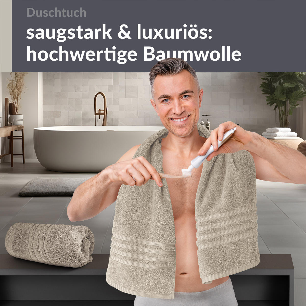 DUSCHTUCH London Kiesel Grau 2er Set 70x140 - Sandfarben, Textil (70/140cm) - Lashuma