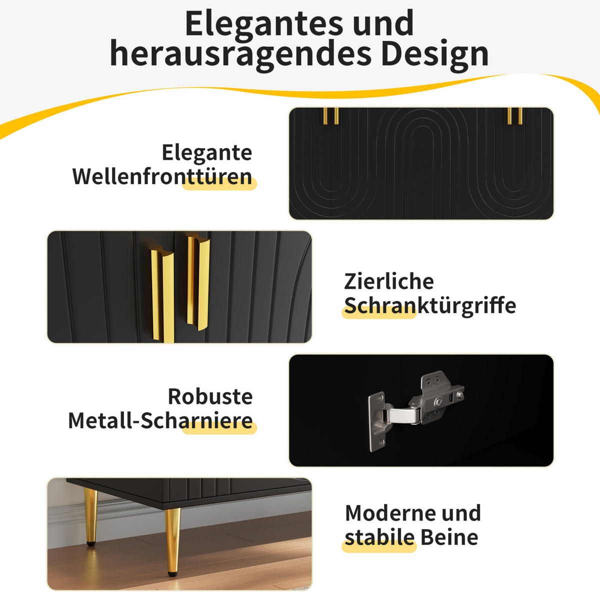SIDEBOARD 152/40/75 cm Schwarz aus MDF mit Wellendesign - Schwarz, Holzwerkstoff (40/75/152cm) - OKMYHOME