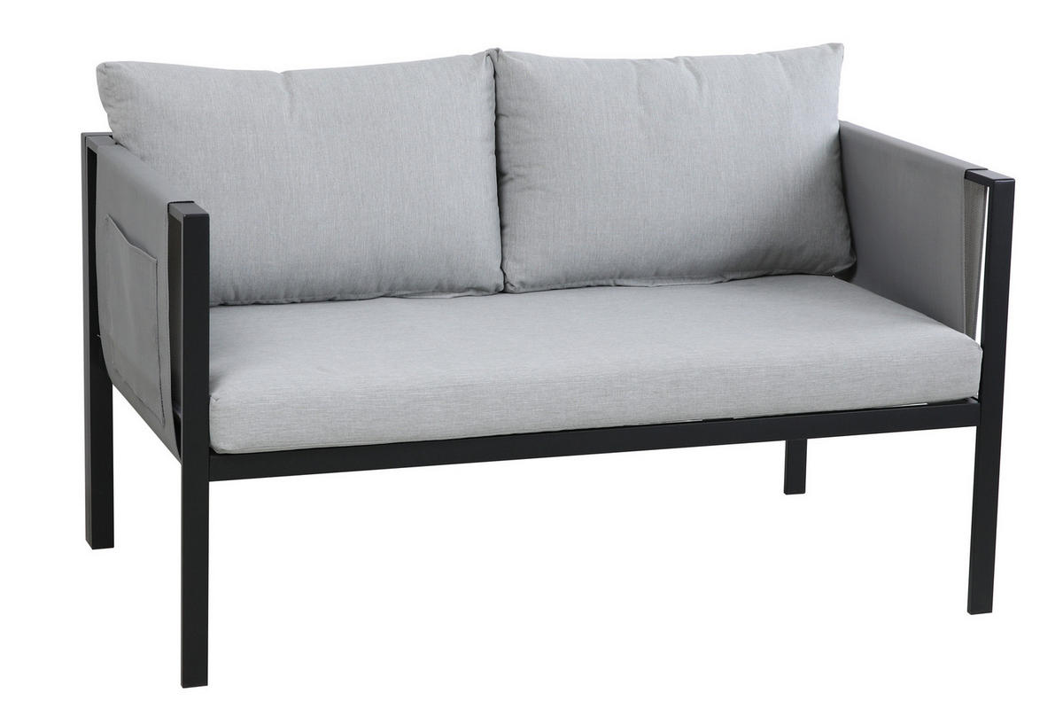 SITZGRUPPE Yolo 2-Sitzer + 2 Sessel, 1 Couchtisch, Sitz- + Rückenkissen - Schwarz, Metall - TPFGarden