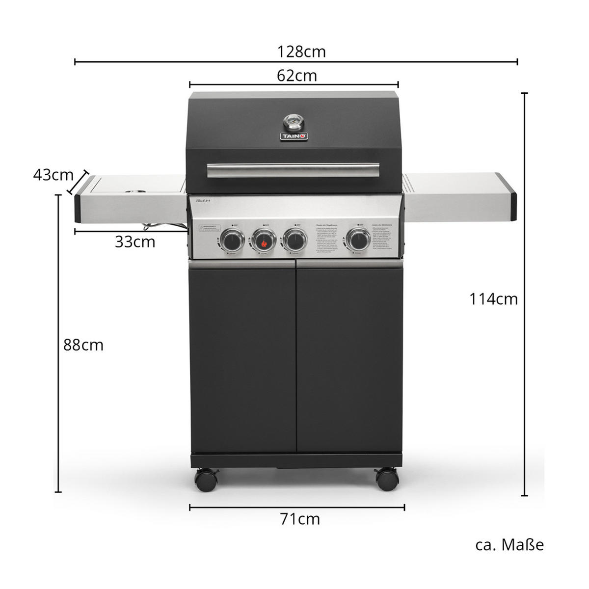 GASGRILL BLACK 3+1 - Schwarz, Metall (128/114/55cm) - TAINO