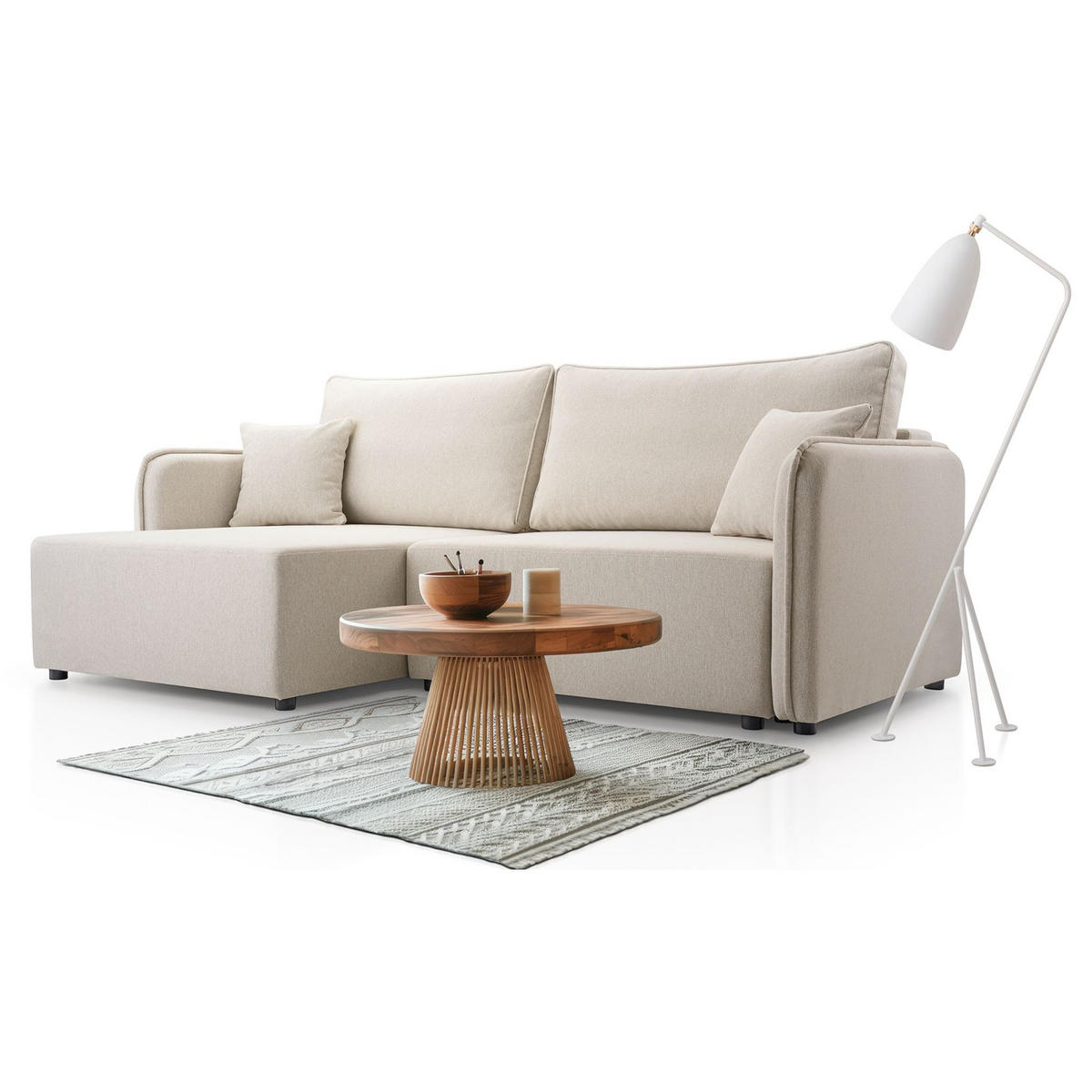 ECKSOFA Kassian, Hellbeige Strukturstoff, linksseitig - Ecru/Schwarz, Kunststoff/Textil (227/147cm) - Selsey