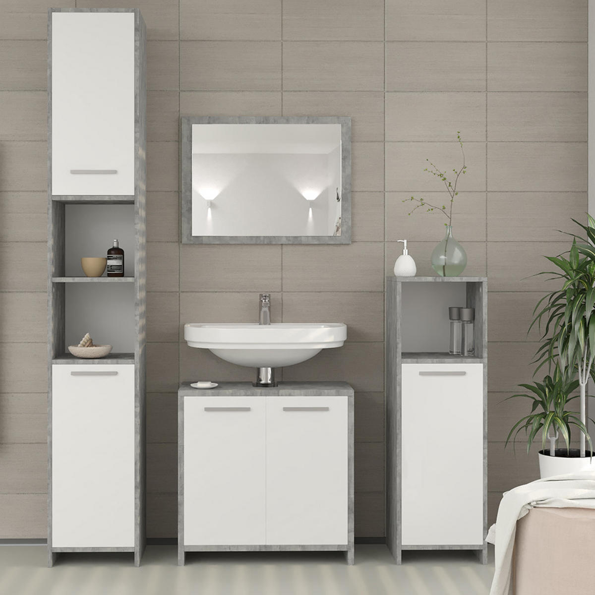 BADMÖBEL-SET Kiko Beton 3 Teile - Weiß/Grau, Holzwerkstoff (58/60/33cm) - Vicco