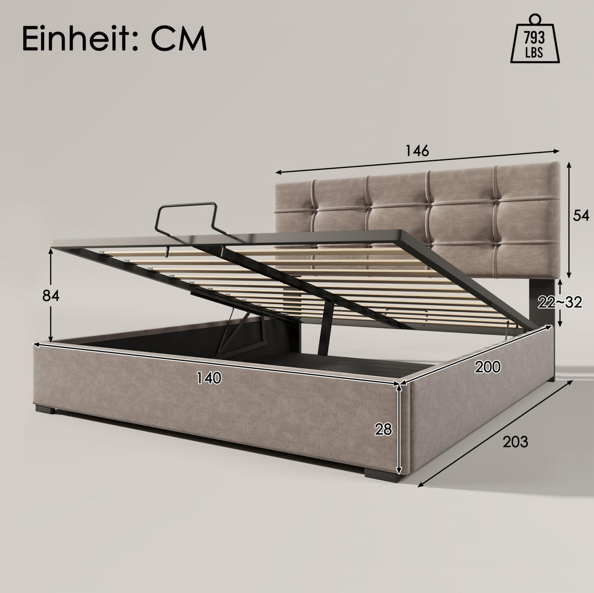 BETT mit Bettkasten 140x200 cm Samt Light Grey - Hellgrau, Metall (140/200cm) - Meubliv