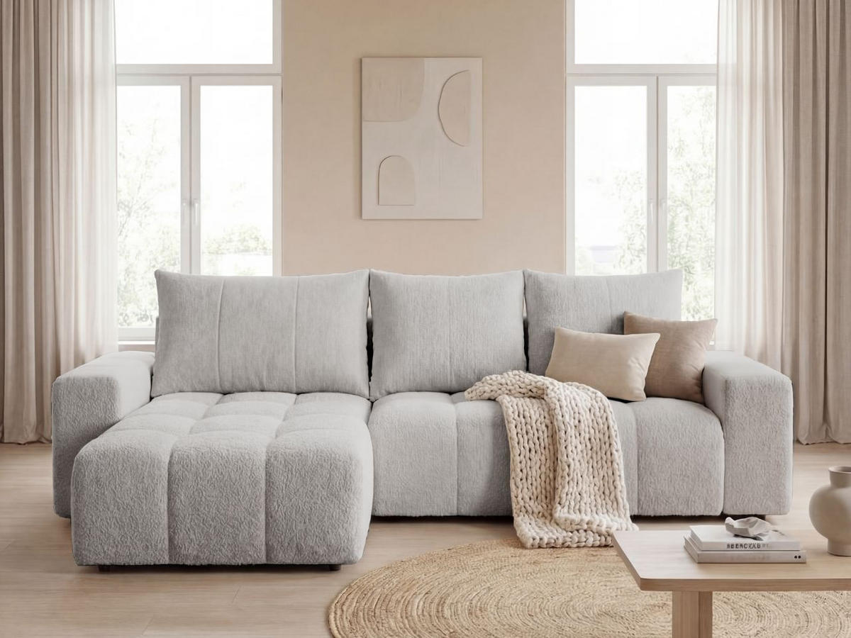 ECKSOFA Bresso Bouclé-Stoff Hellgrau - Hellgrau, Holz/Textil (255/168cm) - Graingold