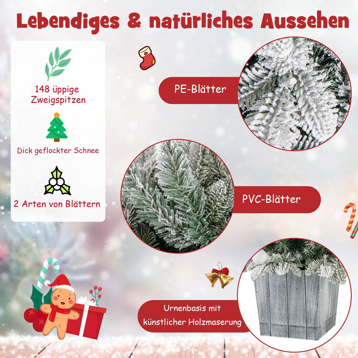 WEIHNACHTSBAUM beflockte Tannenform mit bunten LEDs 100 cm grün - Grün, Metall (100cm) - COSTWAY