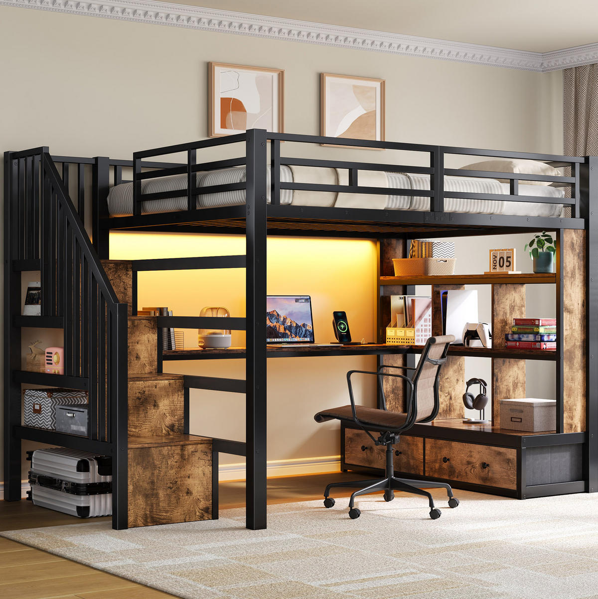 HOCHBETT aus MDF und Metall 140x200 cm Schwarz mit Schreibtisch, Regalen, Stauraumtreppe, LED und Schubladen - Schwarz, Holzwerkstoff (140/200cm) - Modfu