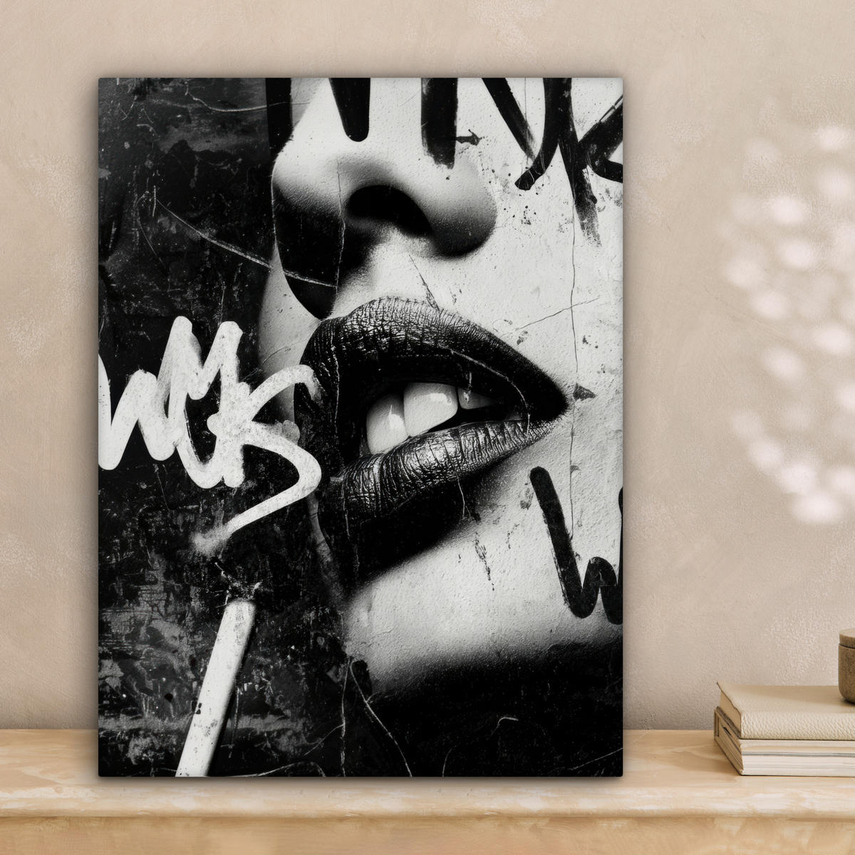 LEINWANDBILD Gesicht - Mund - Graffiti - Schwarz Room Decor 30x40 cm - Schwarz, Textil (30/40cm) - MuchoWow