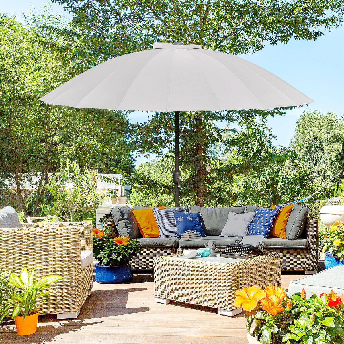 SONNENSCHIRM DE-11379 neigbar, mit Kurbel, 18 Streben Grau - Hellgrau, Metall (250/250cm) - ComfortXL
