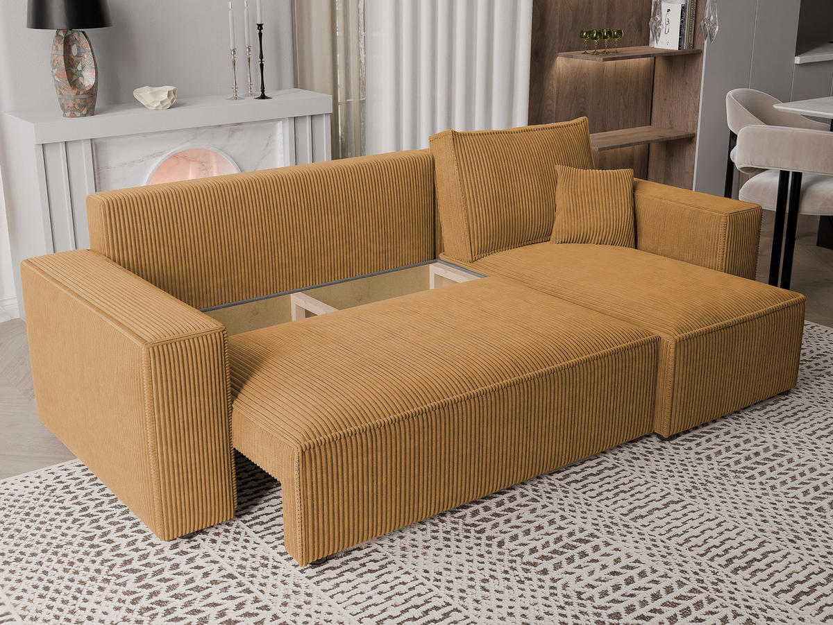 ECKSOFA PARIS mit Schlaffunktion und Bettkasten, Stoff Senfgelb - Currygelb, Kunststoff/Textil (244/145cm) - Idohome