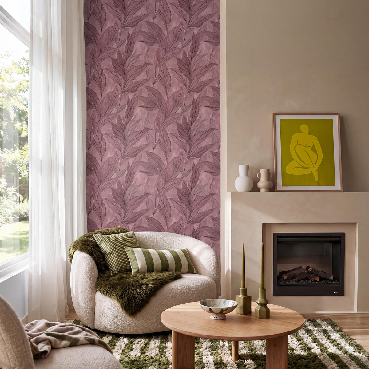 TAPETE - Blätter - Muster - Lila - 100x220 cm - Altrosa, Papier (100/220cm) - OnlyWow