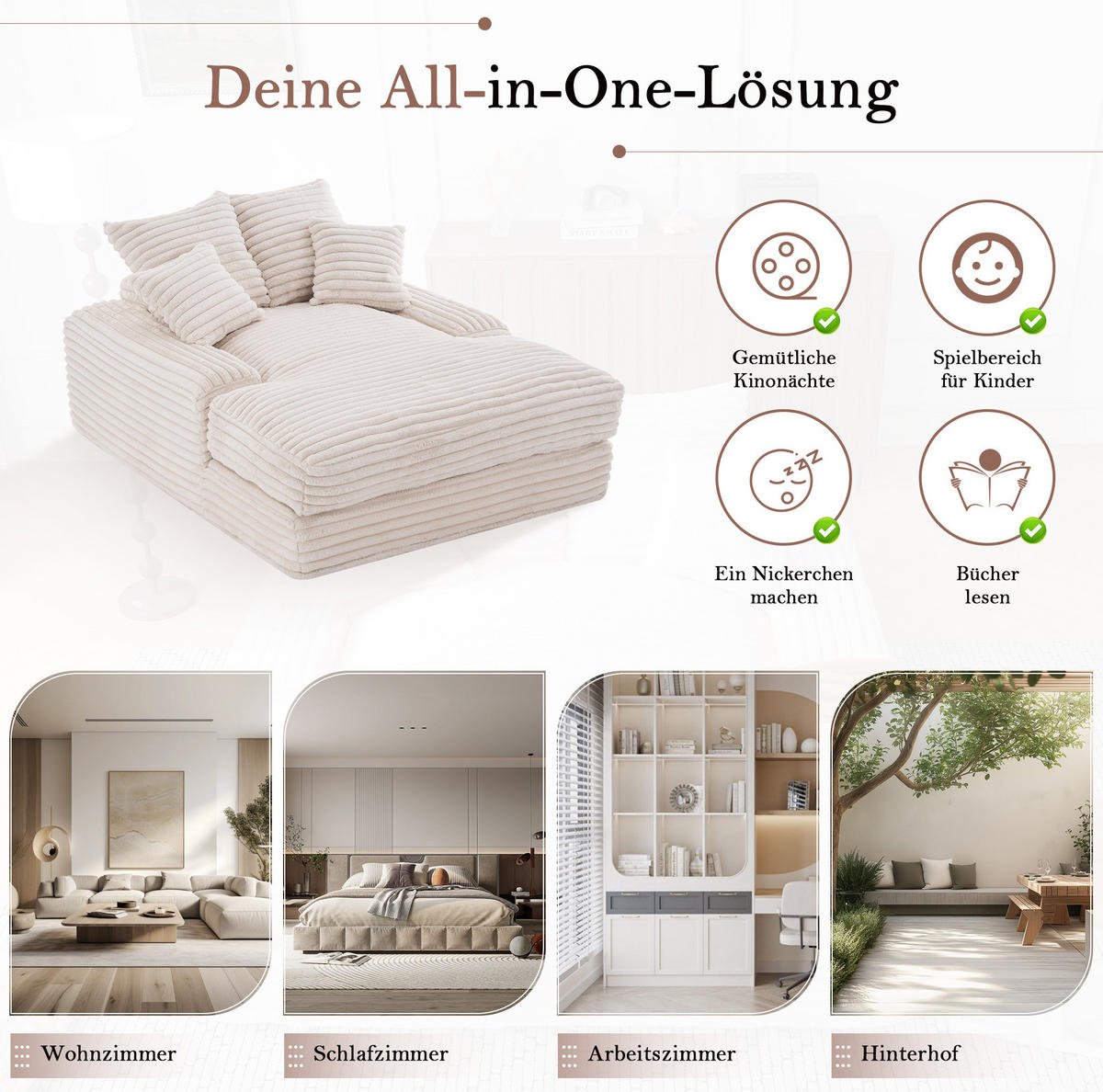 CHAISELONGUE Cordstoff mit Memory-Schaum und 4 Kissen 137/175/63 cm Beige - Beige, Textil (137/63/175cm) - Redom