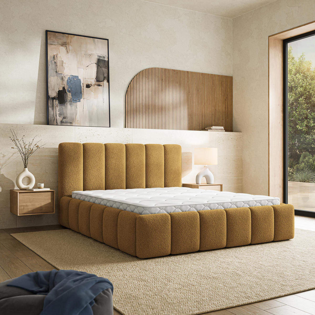 ČALOUNĚNÁ Postel RANIS 160x200 cm Medová - med, kompozitní dřevo/textil (160/200cm) - MASSENO