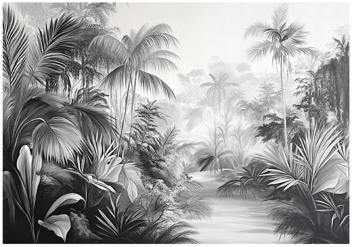 FOTOTAPETE Dschungel Schwarz Weiß Vlies Tapete Wohnzimmer 300x210 - Multicolor, Papier (300/210cm) - Wallarena