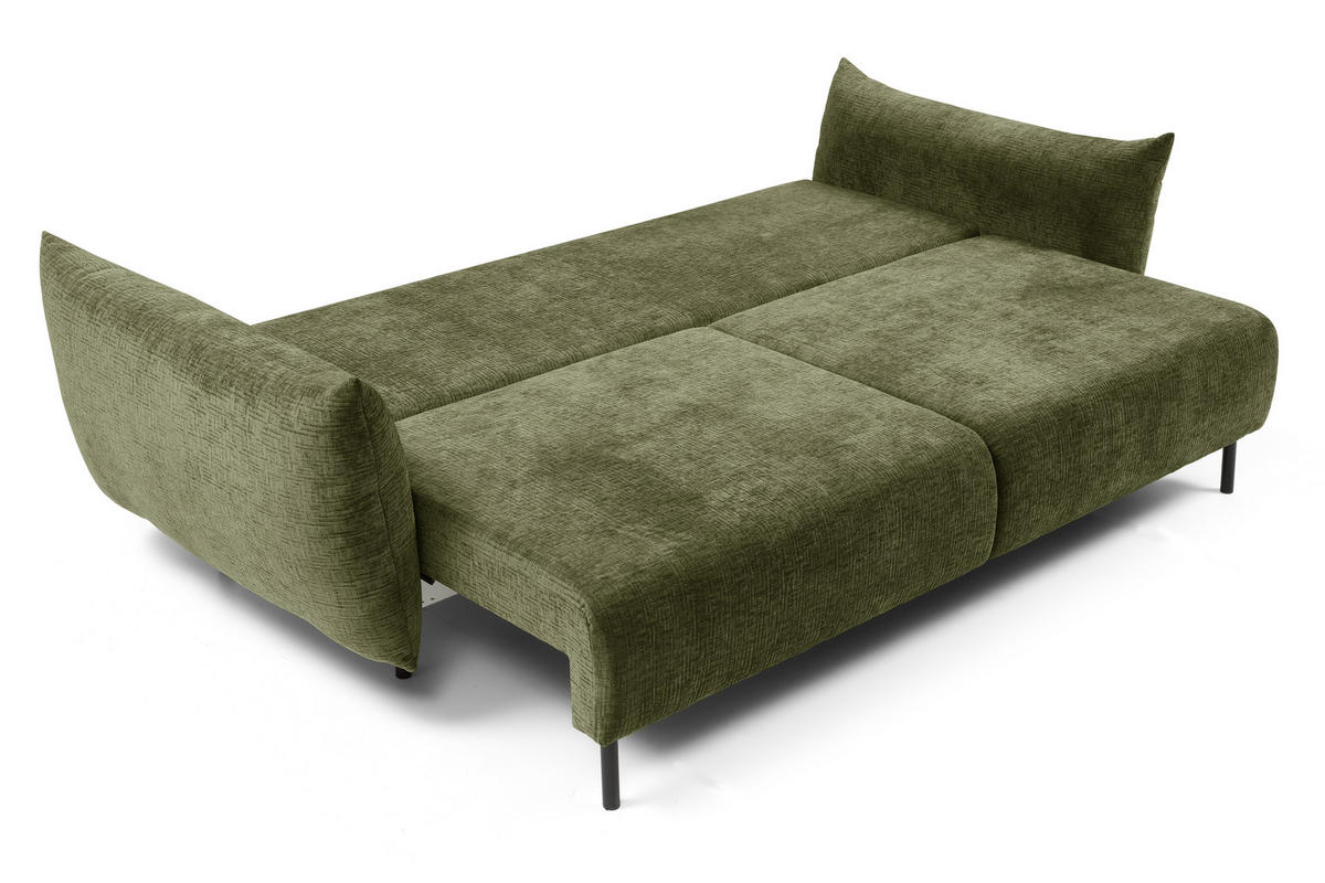SOFA ADEL - Schlaffunktion Und Bettkasten, Wellenfederung, PUR-Schaum, Schwarze Metallfüße lose Rückenkissen, freistehend, 240x108x75 cm Olive green - Olivgrün, Holz/Textil (240/75/108cm) - DomoHome