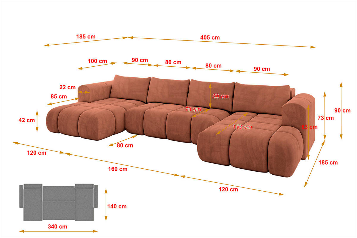 WOHNLANDSCHAFT CLOUD-U 405x185x90 Apricot Velours - Koralle, Holzwerkstoff/Kunststoff (405/90/185cm) - ALTDECOR