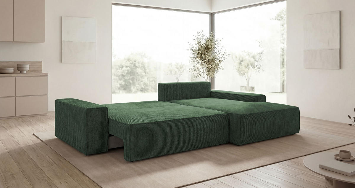 ROHOVÁ pohovka VERONA pravá zelená manšestr Poso 14 - funkce spaní, úložný prostor - zelená barva, textil (280/184cm) - Cornero