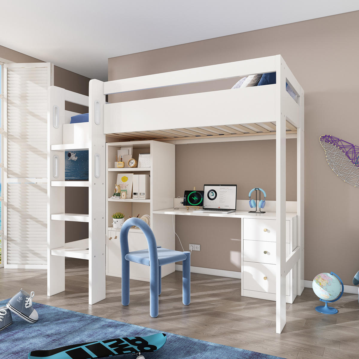 HOCHBETT 90/200 cm Weiß aus MDF, Spanplatte und Massivholz mit Schreibtisch und Stauraum - Weiß, Holzwerkstoff (90/200cm) - OKMYHOME