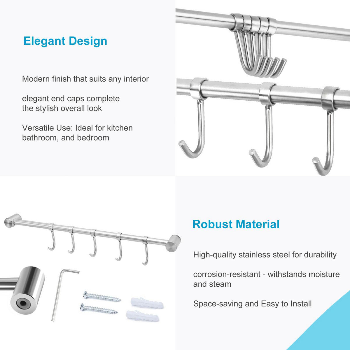 KÜCHEN HÄNGELEISTE mit 5 Haken - Silberfarben, Metall (3.4/2.2/36cm) - Intirilife