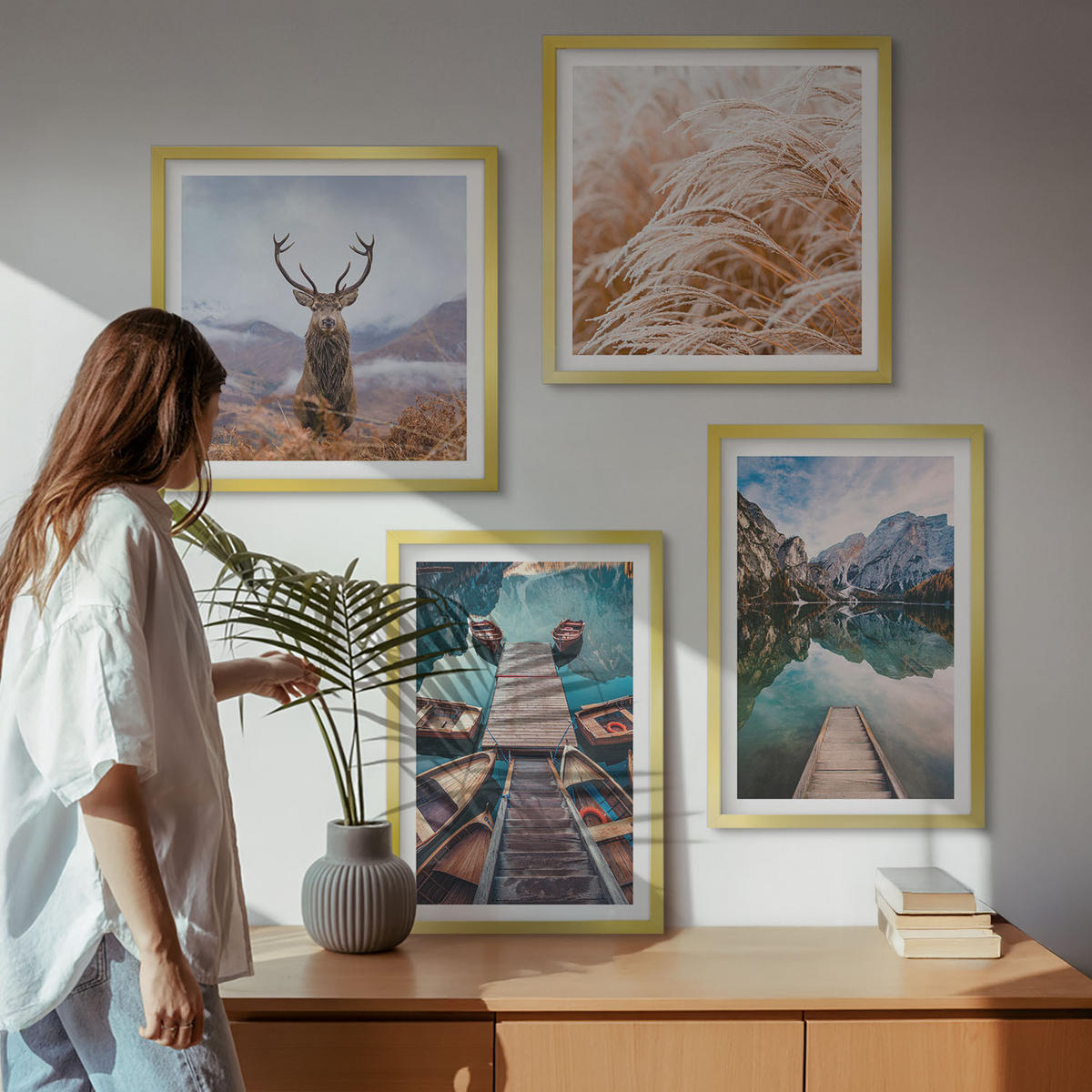 WANDBILDER 4er Set - 50x50 cm & 40x60 cm Goldrahmen - Seeboote Hirsche Berge - Goldfarben, Kunststoff (50/50cm) - ArtPrintCave