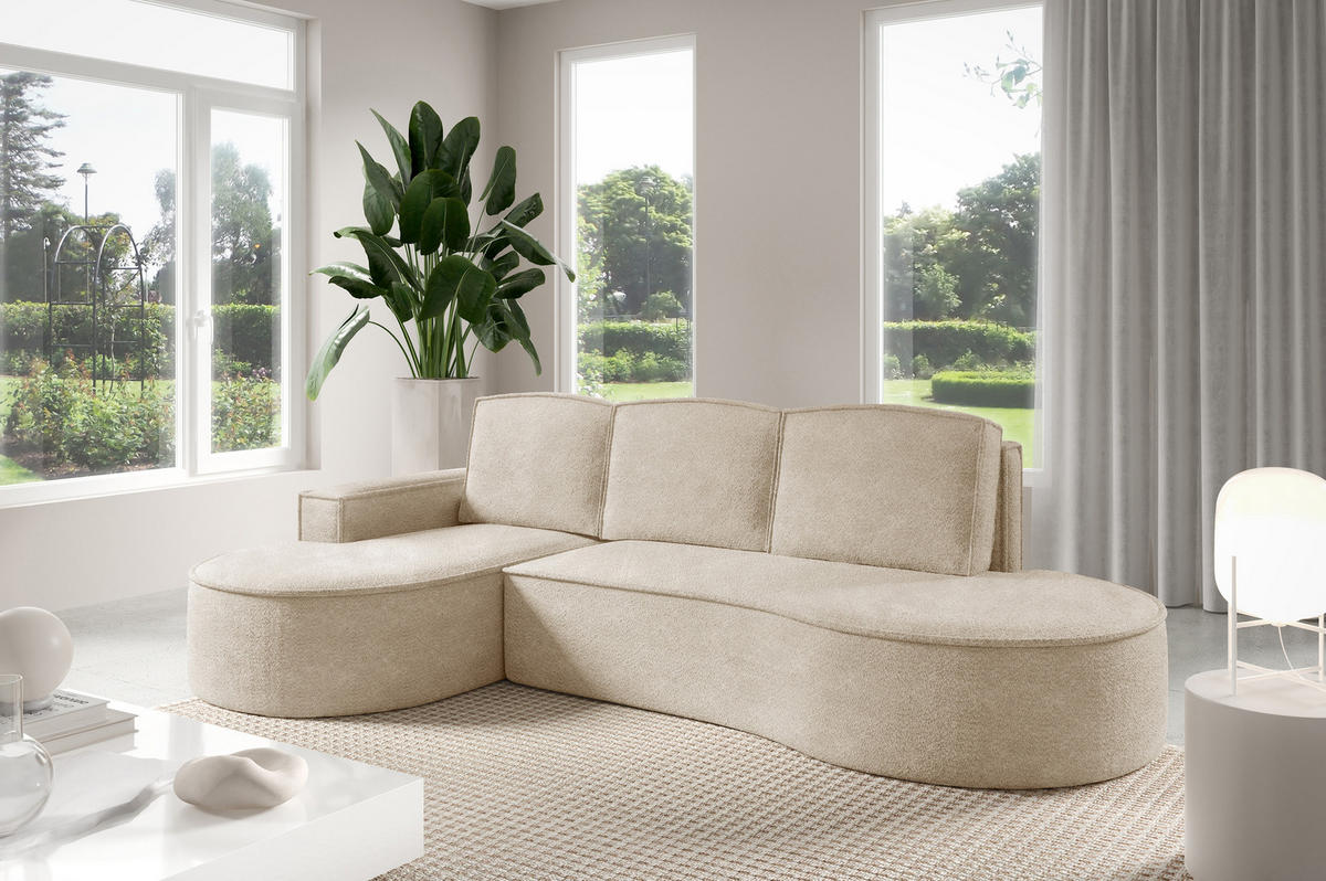 ECKSOFA MOLLY mit Schlaffunktion – Halbrund, freistehend, Liegefläche 140x207 cm, 3 Kissen, Abriamo-Stoff, 277x157x88 cm, Links Beige - Sandfarben, Holz/Textil (157/277cm) - DomoHome