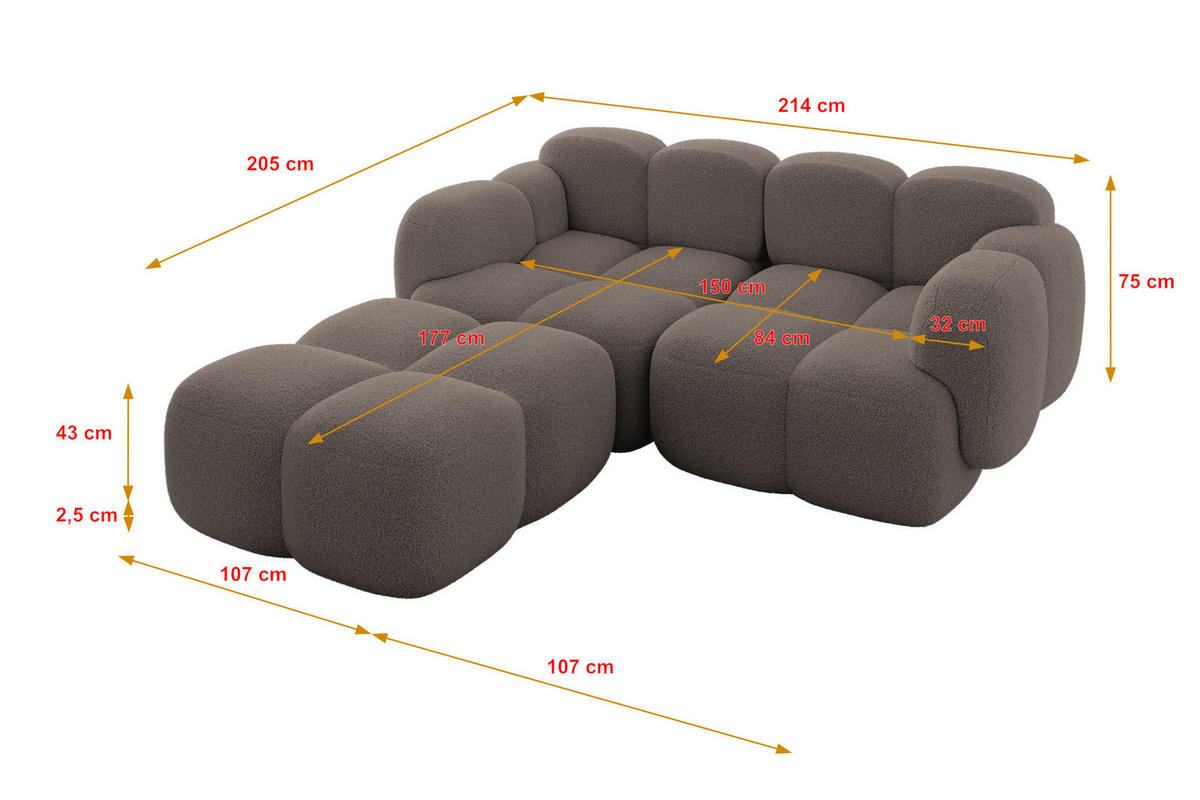 ECKSOFA modulares Sofa Links Miko-L1 214x205x75 Braun Bouclé - Dunkelbraun/Schwarz, Holzwerkstoff/Kunststoff (214/205cm) - ALTDECOR