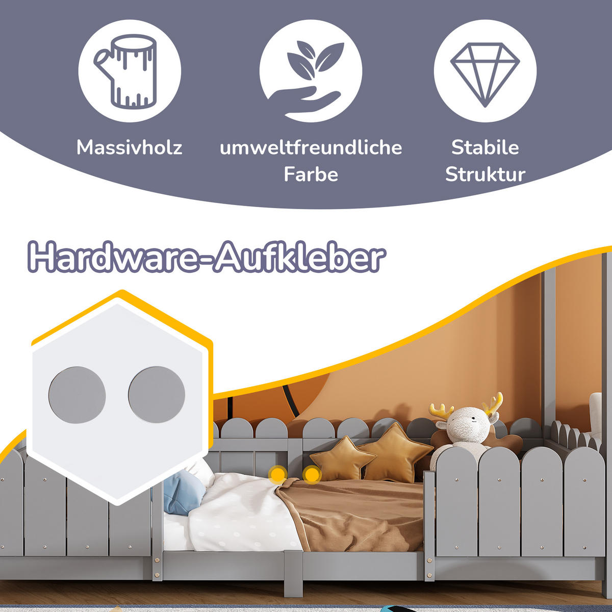 HAUSBETT 90/200 cm in Grau Kinderbett mit Rausfallschutz, Lattenrost und Dach - Grau, Holzwerkstoff (90/200cm) - STILVORA