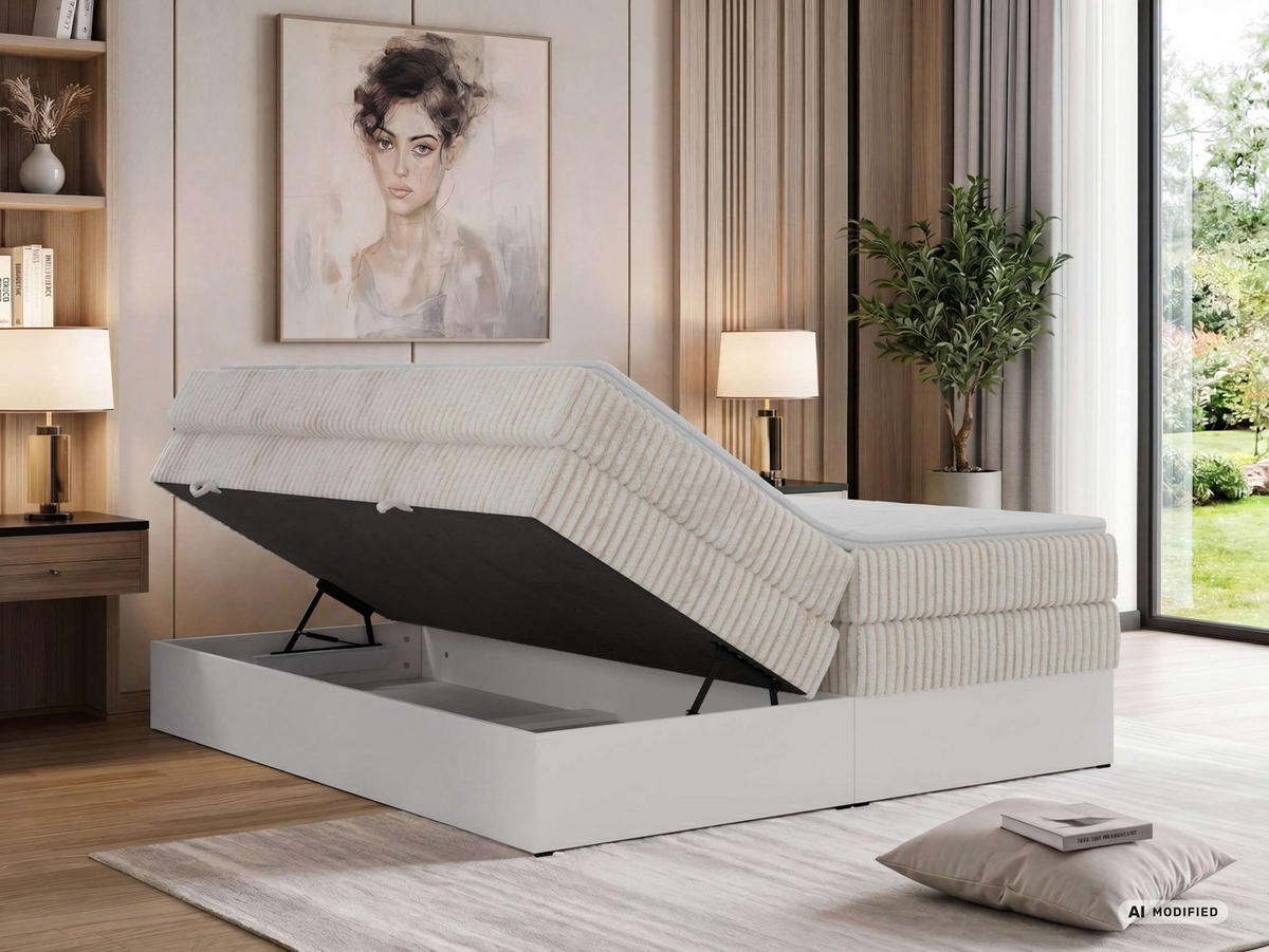 BOXSPRINGBETT TRAVIT ZERO KING 180/200 - Beige Cord - Topper T25 - H3 - Beige/Schwarz, Kunststoff/Textil (180/200cm) - MKS