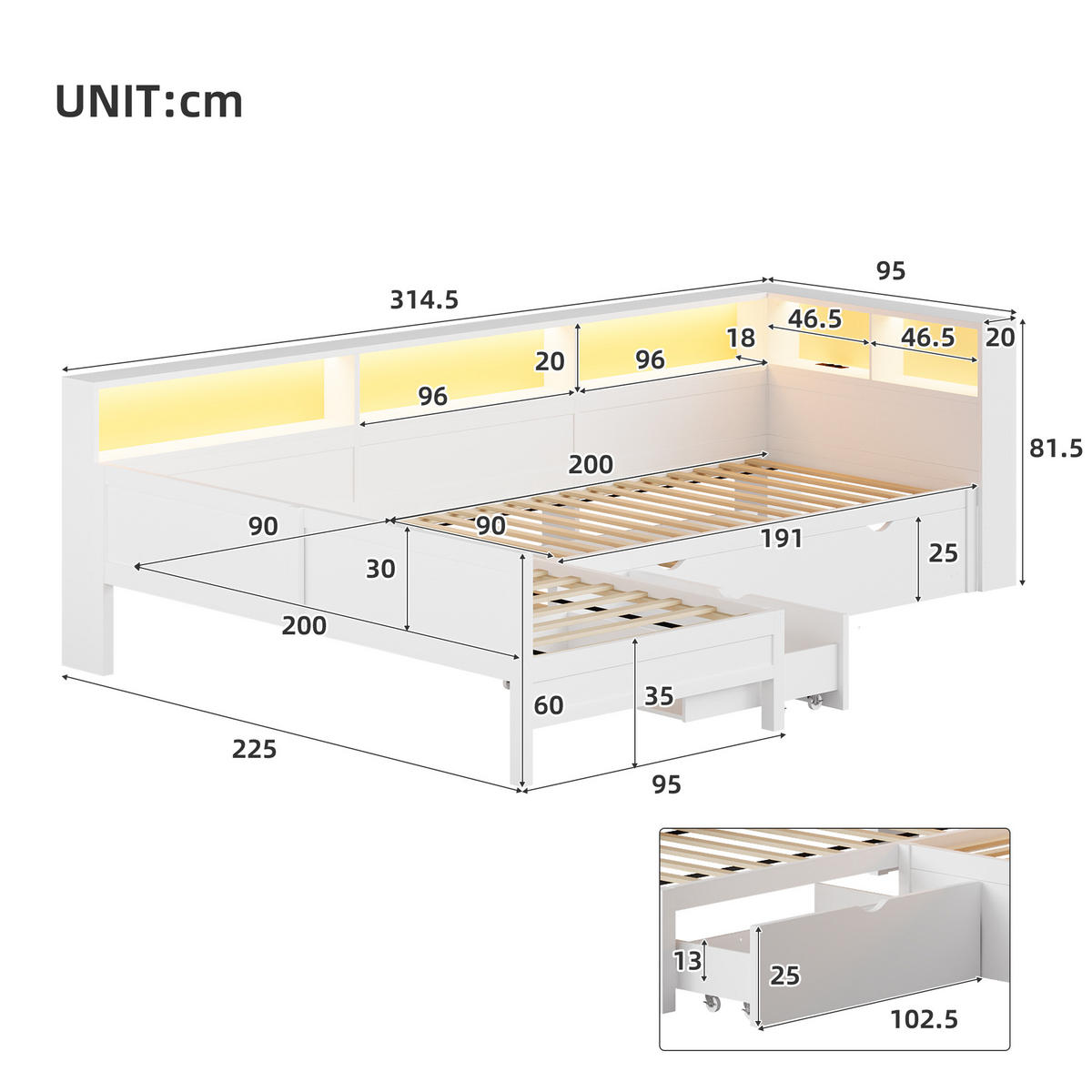 KINDERBETT 90/200 cm DE-03375, mit L-förmig, Ausziehbett, Ablagefächern und LED, in Weiß - Weiß, Holzwerkstoff (90/200cm) - ComfortXL